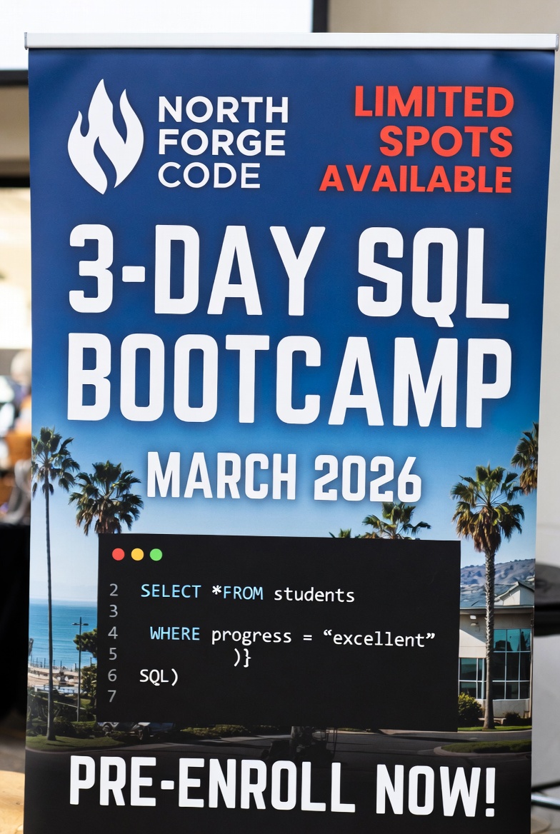 North Forge Code 3-Day SQL Bootcamp promotional banner – March 25-27, 2026, limited spots available
